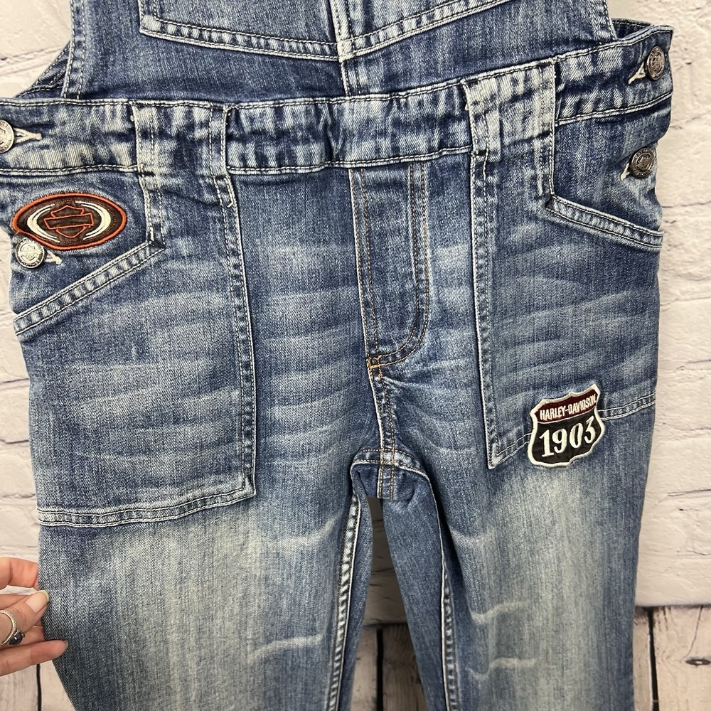 Harley Davidson Overalls Y2K Flare Leg Women's Sz 6 Patches Faded Logo Authentic - Picture 6 of 16
